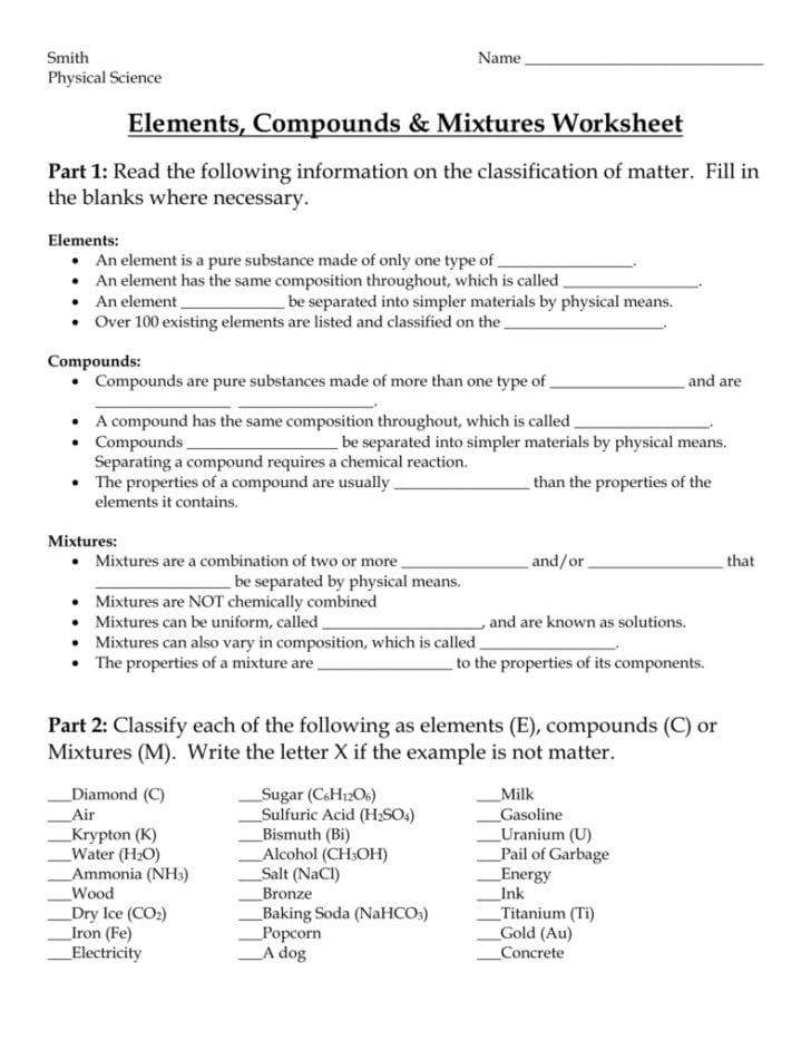 Elements Compounds And Mixtures Worksheet Answer Key