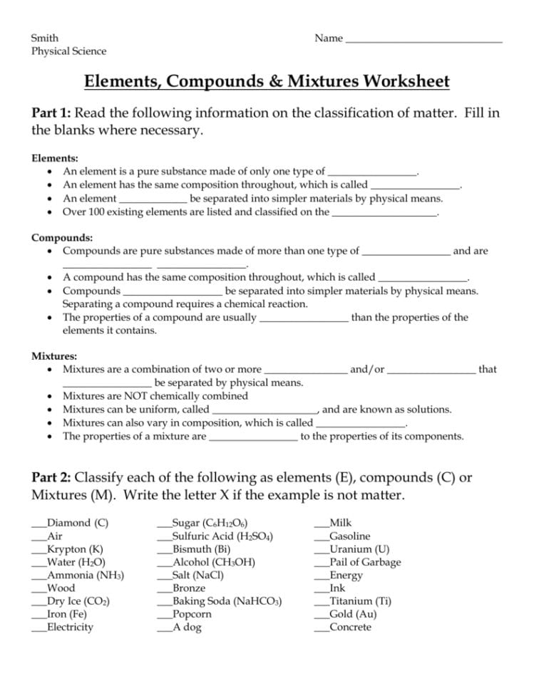 Elements Compounds  Mixtures Worksheet
