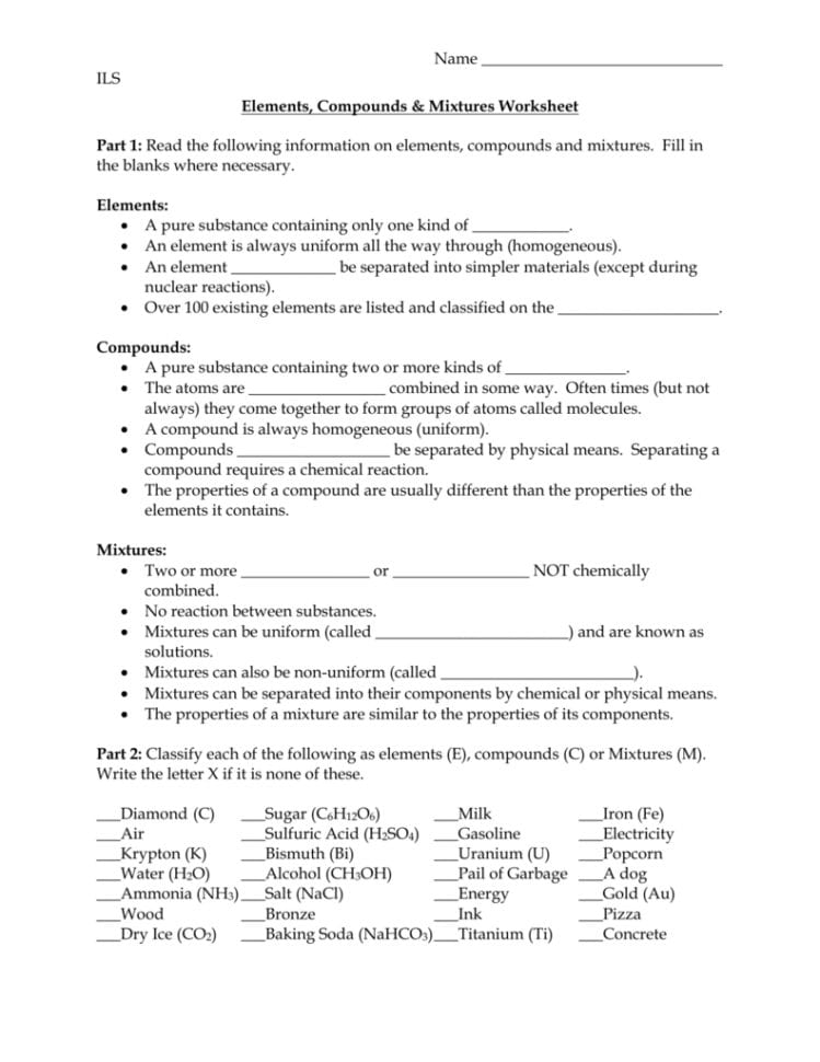 Elements Compounds  Mixtures Worksheet