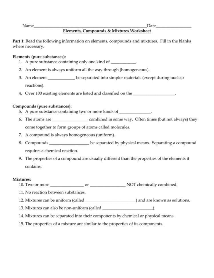 Elements Compounds  Mixtures Worksheet