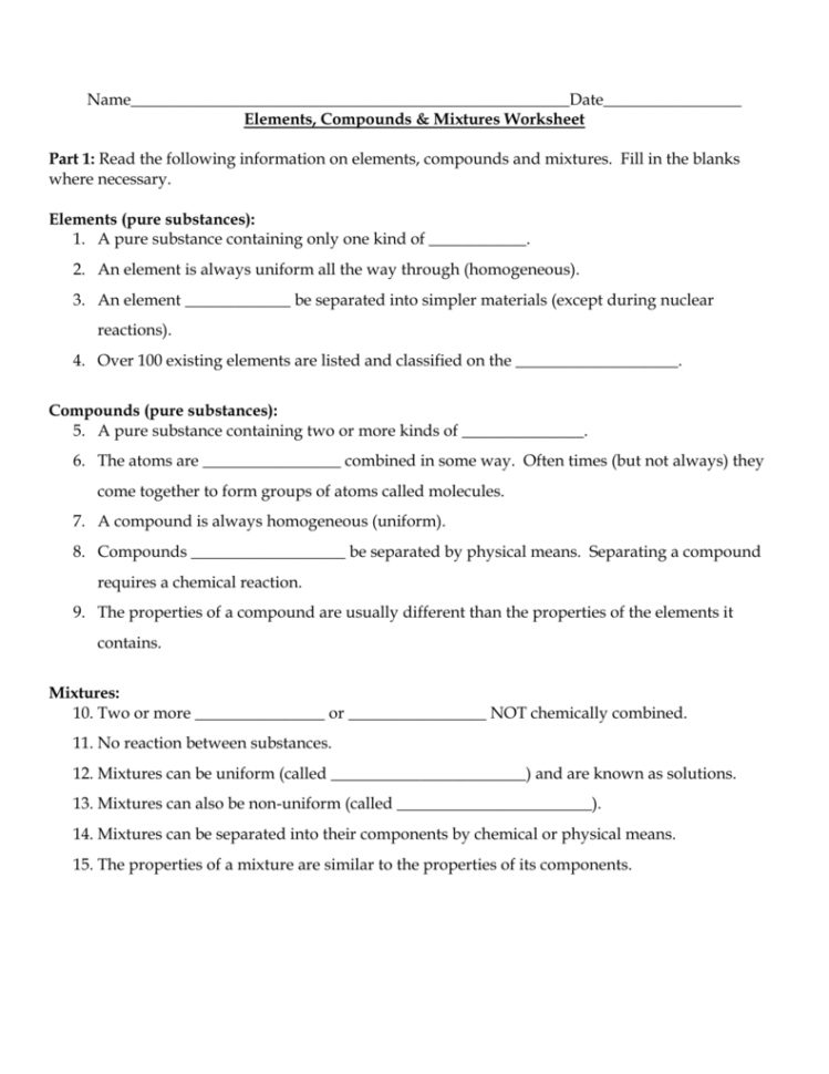 Elements Compounds  Mixtures Worksheet