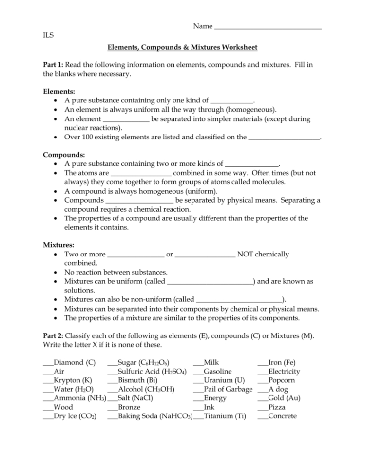 Elements Compounds  Mixtures Worksheet