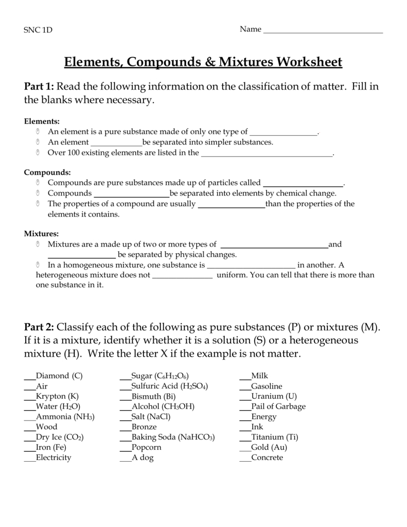 Elements Compounds  Mixtures Worksheet