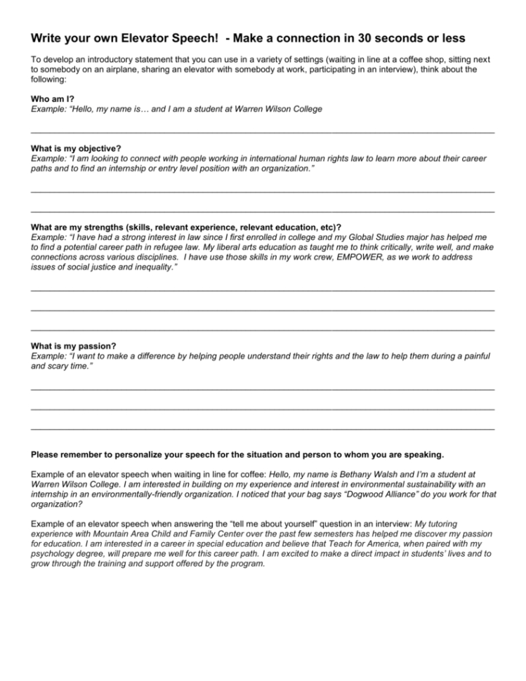 Elevator Speech Worksheet