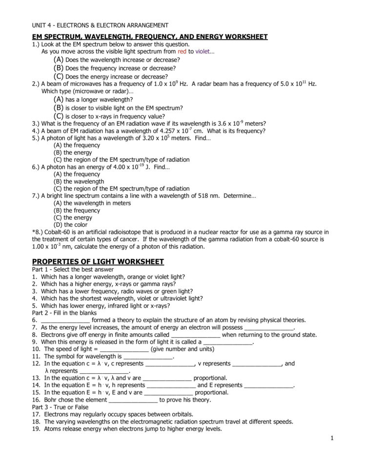 Em Spectrum Velength Frequency And Energy Worksheet