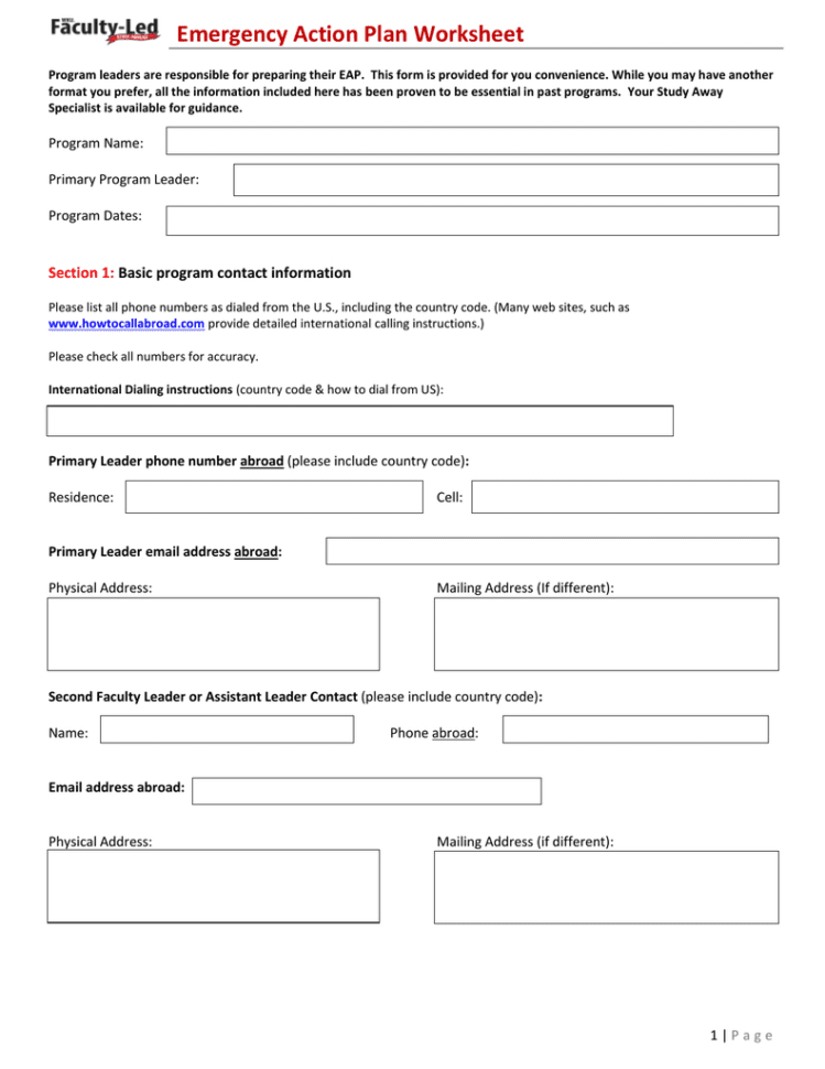 Emergency Action Plan Worksheet