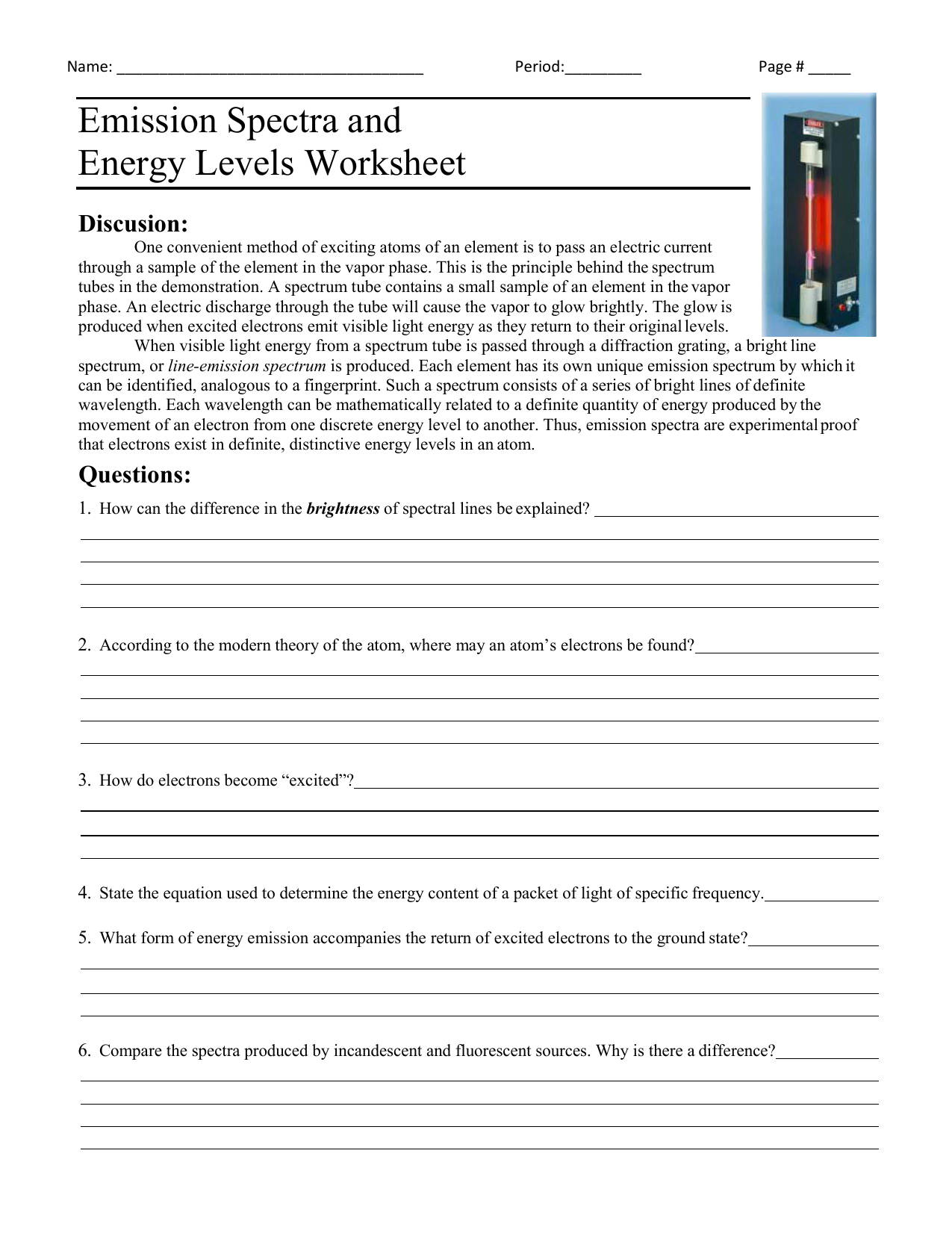 Emission Spectra And Energy Levels Worksheet
