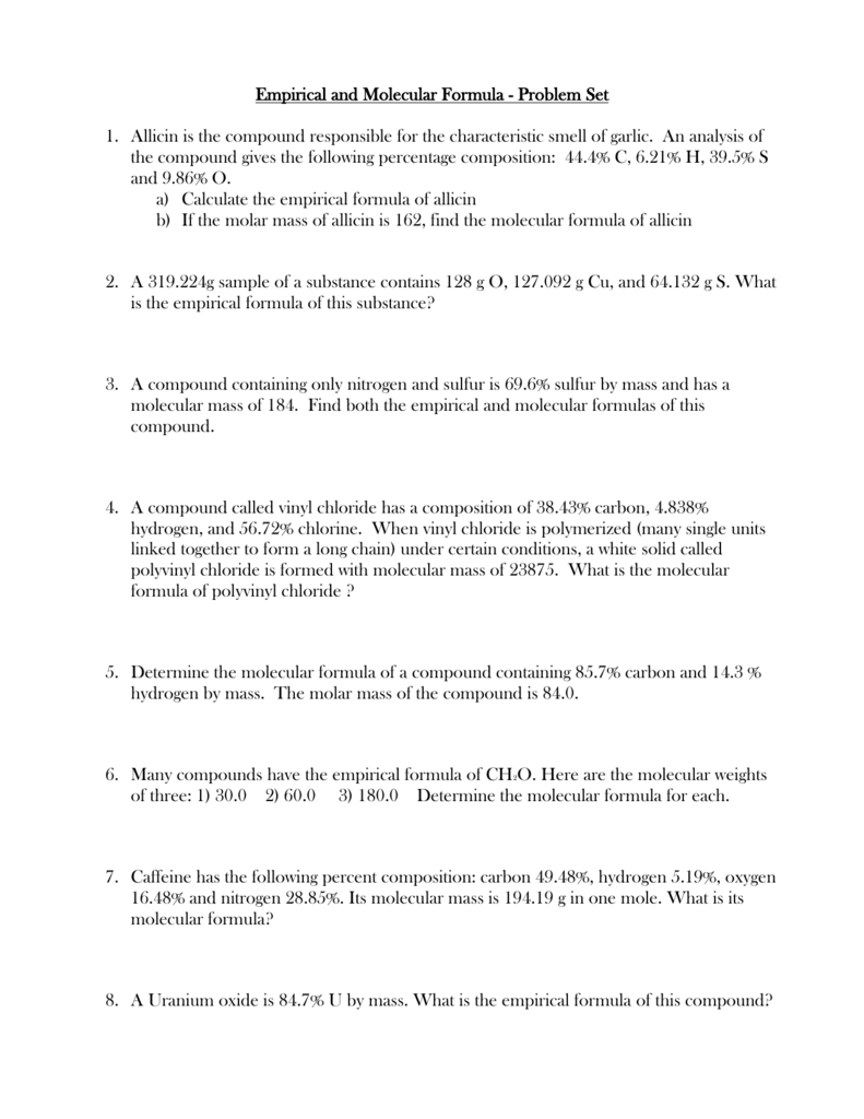 Empirical Formula Worksheet Answers