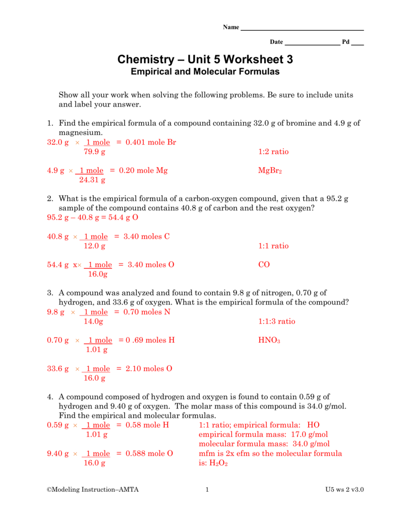 Empirical And Molecular Formula Worksheet With Answers