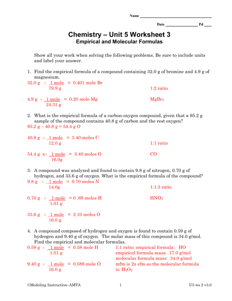 Empirical And Molecular Formula Worksheet Answer Key — db-excel.com