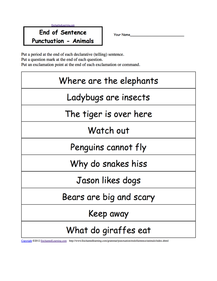 End Of Sentence Punctuation Printable Worksheets