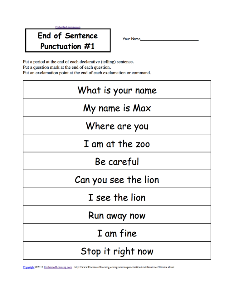 End Of Sentence Punctuation Printable Worksheets