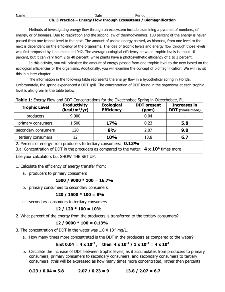 Energy Flow Calc Worksheet From Ecology Wb Answers