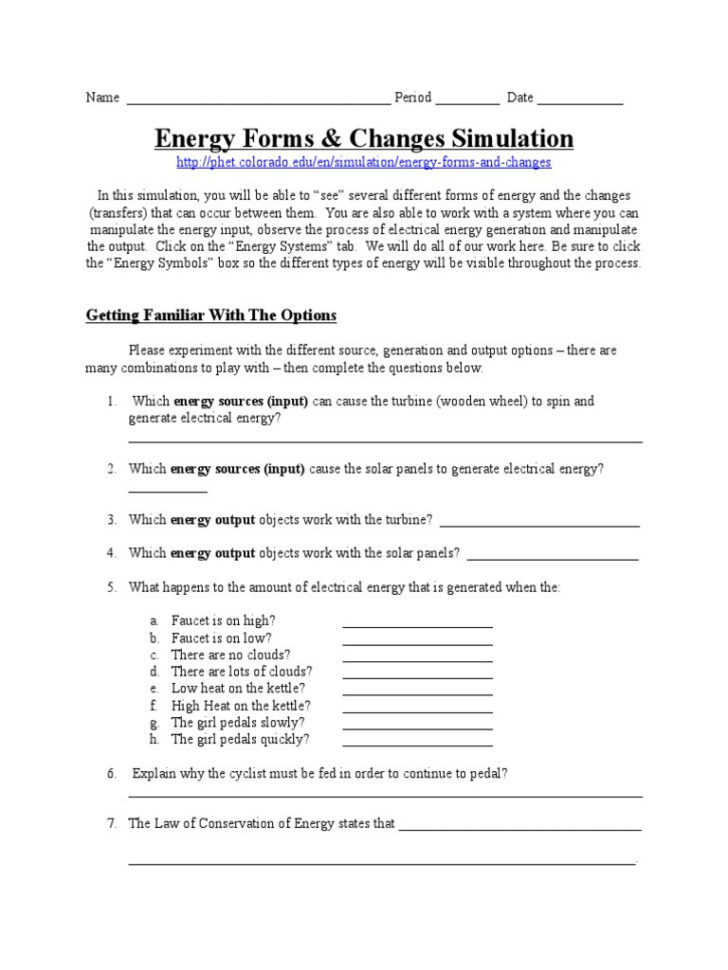 Energy Forms And Changes Simulation Worksheet Answers