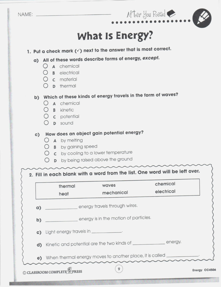 Introduction To Energy Worksheet Answers