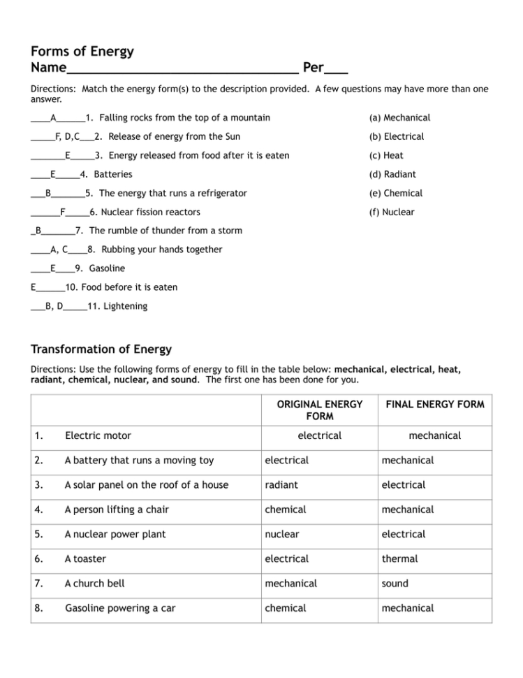 Energy Forms And Transfer Study Guide Answer