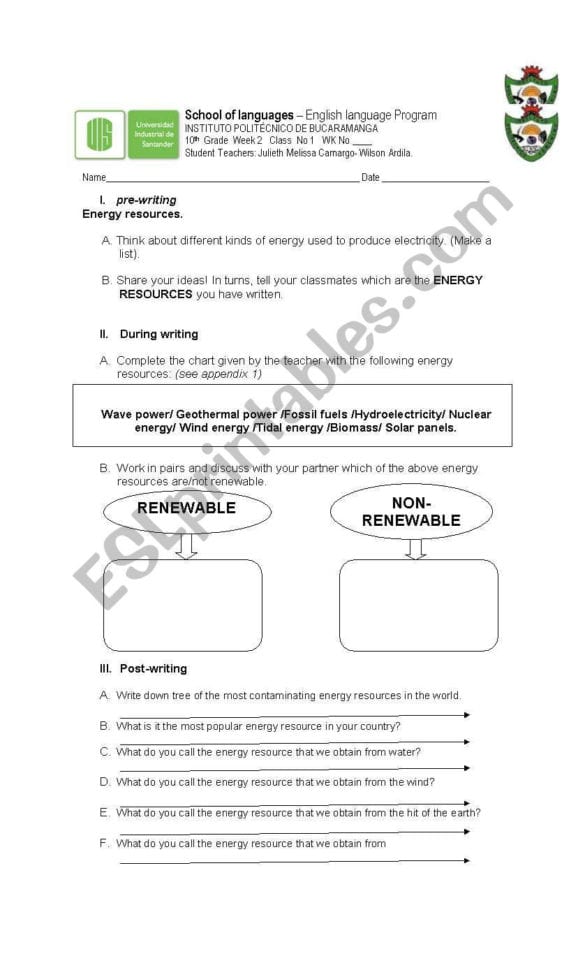 Energy Resources  Esl Worksheetwilson Quintero Ardila