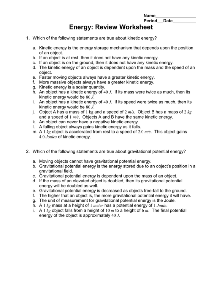 Energy Review Worksheet