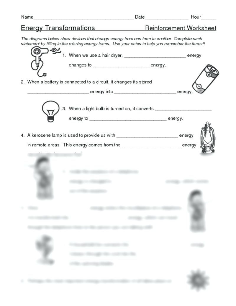 energy transformation worksheet answers