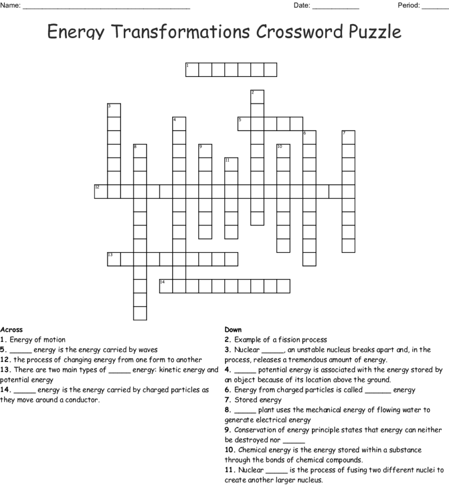 Energy Transformations Crossword Puzzle  Word Energy Transformations Crossword Puzzle  Word