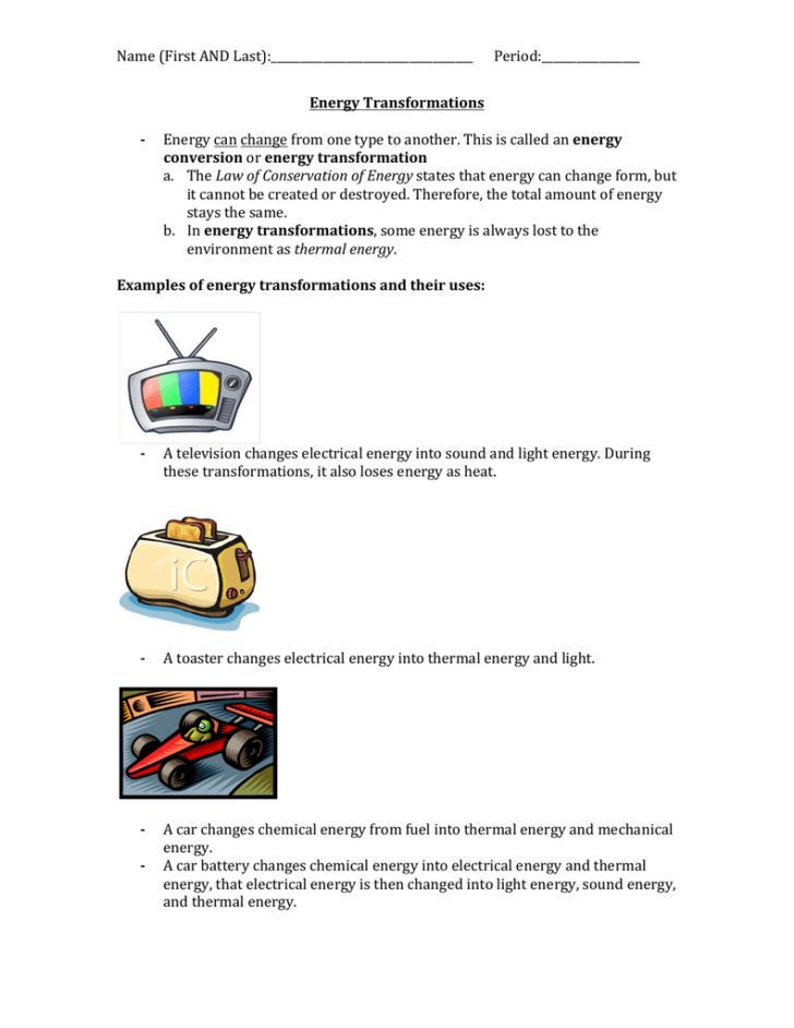 Energy Transformation Worksheet Answers