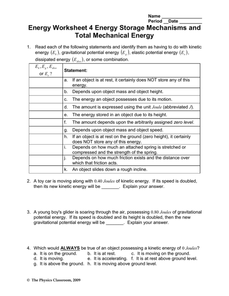 Kinetic And Potential Energy Worksheet