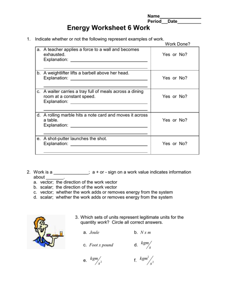 Energy Worksheet 6 Work