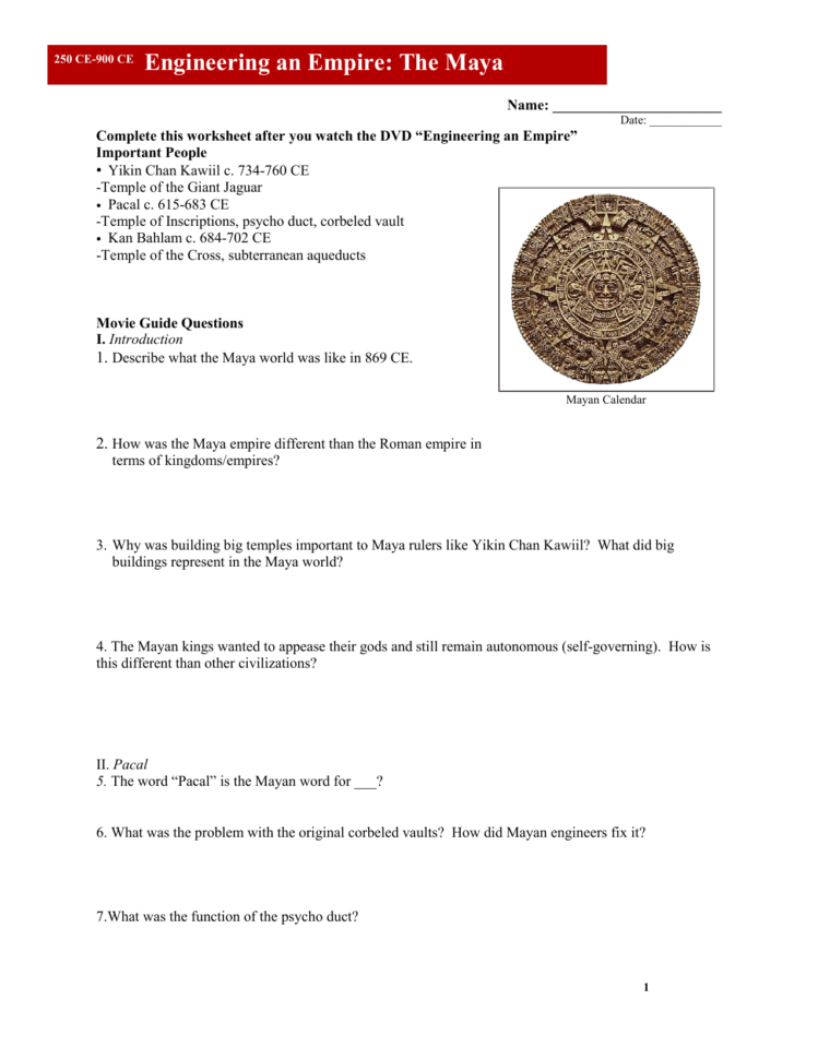 Engineering An Empire The Maya Worksheet  Reeths
