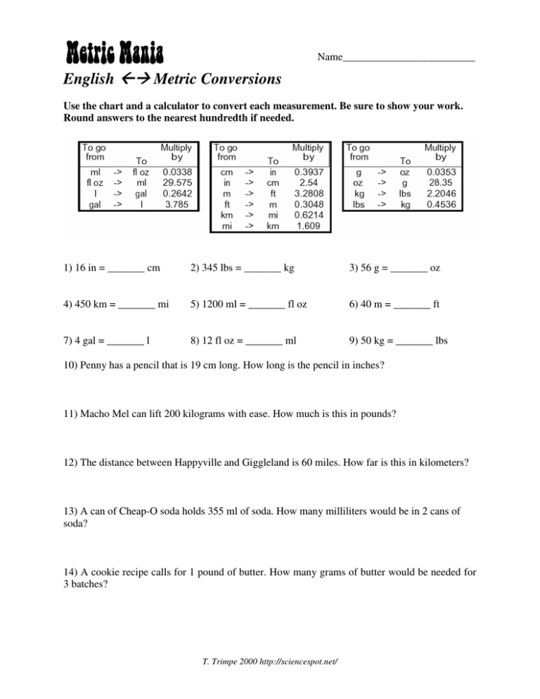 Metric Conversion Worksheet Answer Key Db excel