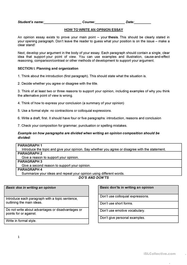 English Esl Writing An Opinion Essay Worksheets  Most