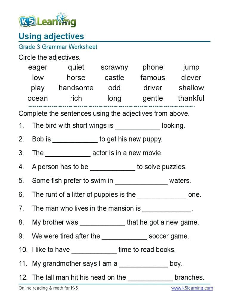 English Grammar Worksheets For Class 3