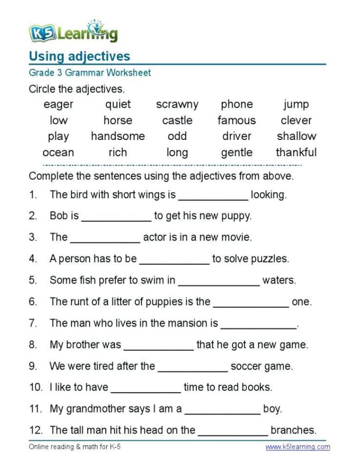 English Grammar Worksheets For Class 3