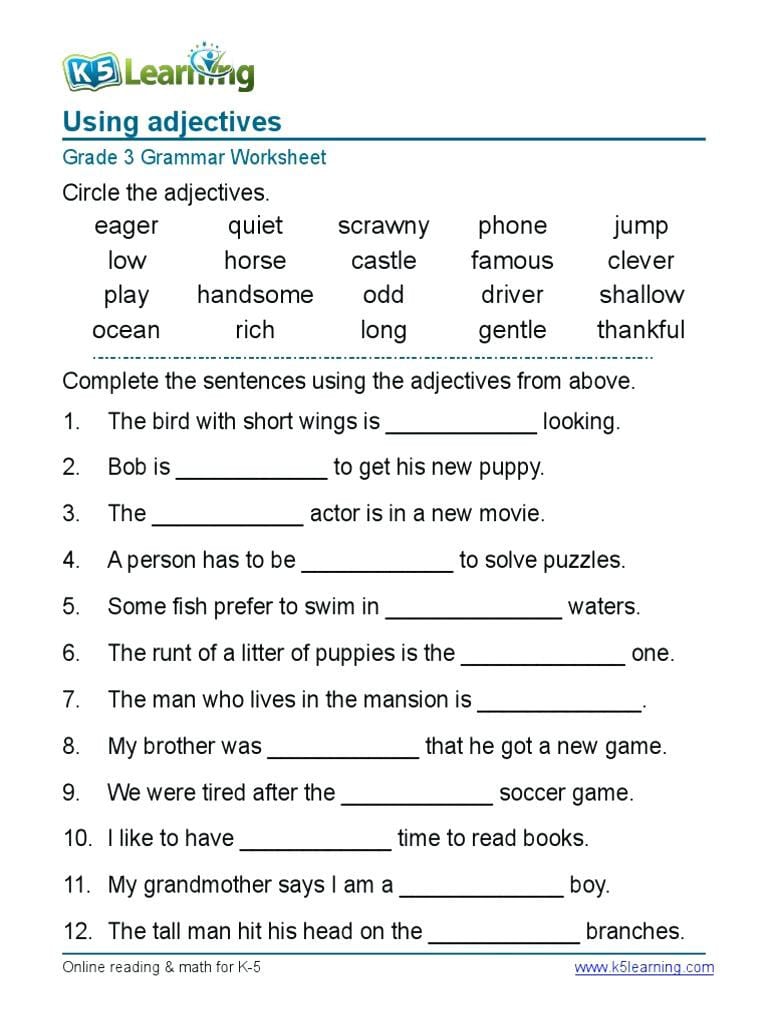 Grammar Worksheet Second Grade