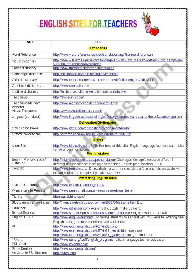English Sites For Teachers  Esl Worksheetlululloque