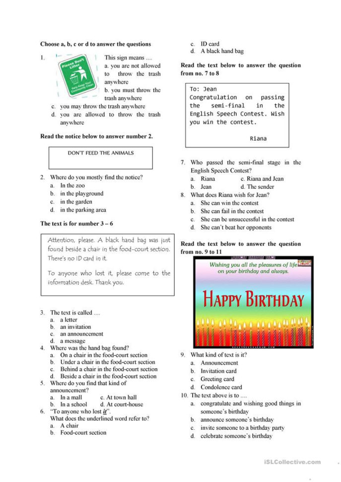 English Test For Grade 7  English Esl Worksheets