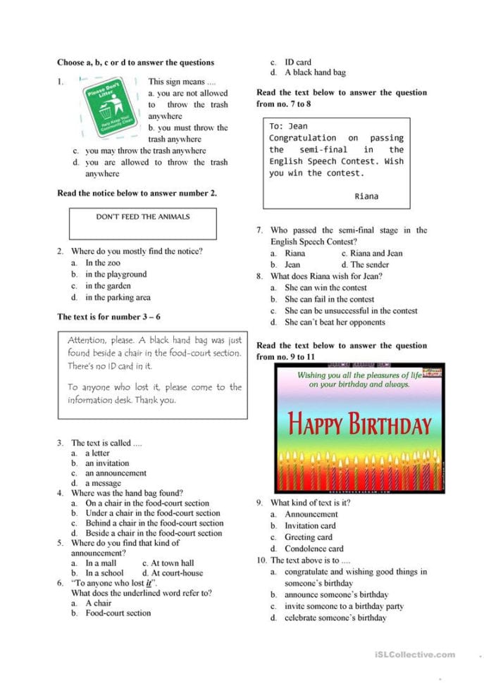 English Test For Grade 7  English Esl Worksheets