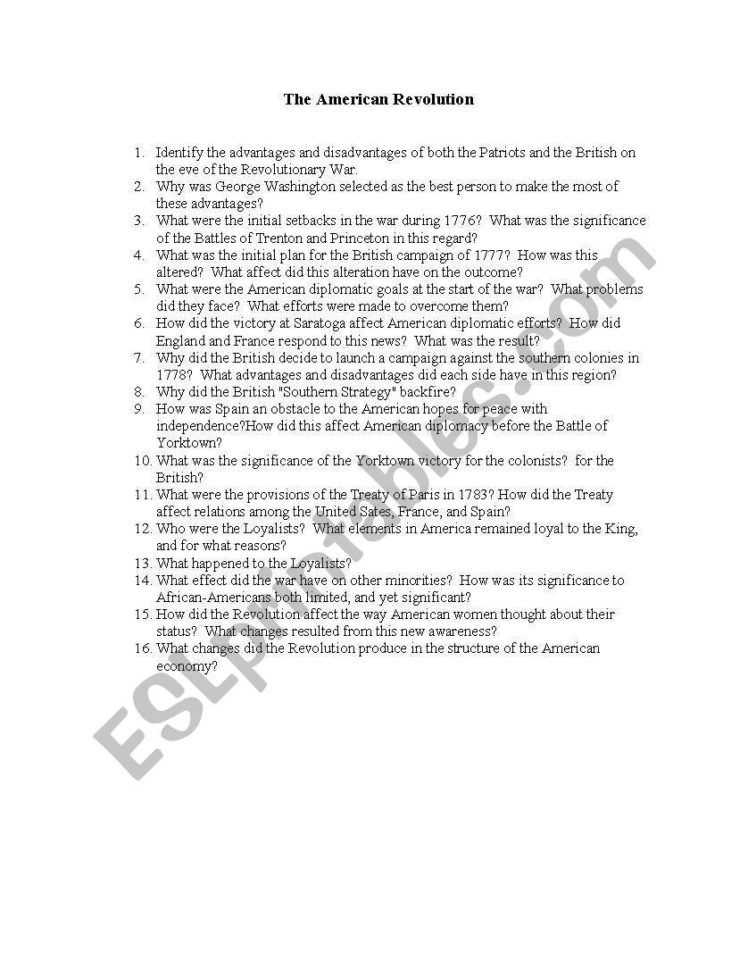English Worksheets American Revolution Questions