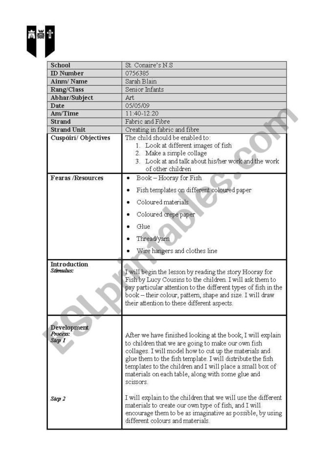 English Worksheets Art Lesson