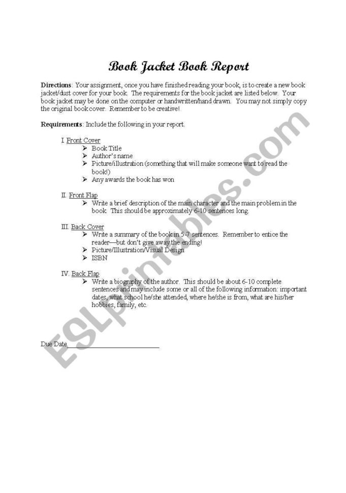 English Worksheets Book Jacket Book Report