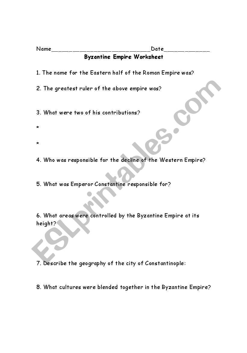 English Worksheets Byzantine Empire Worksheet