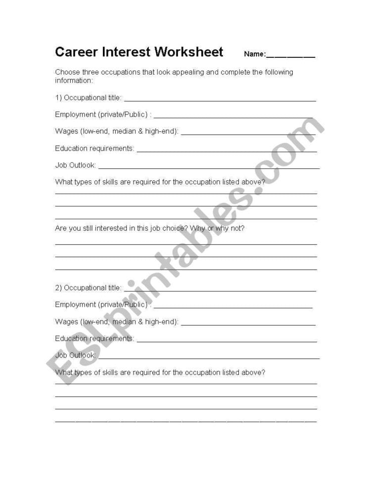 English Worksheets Career Interest Worksheet