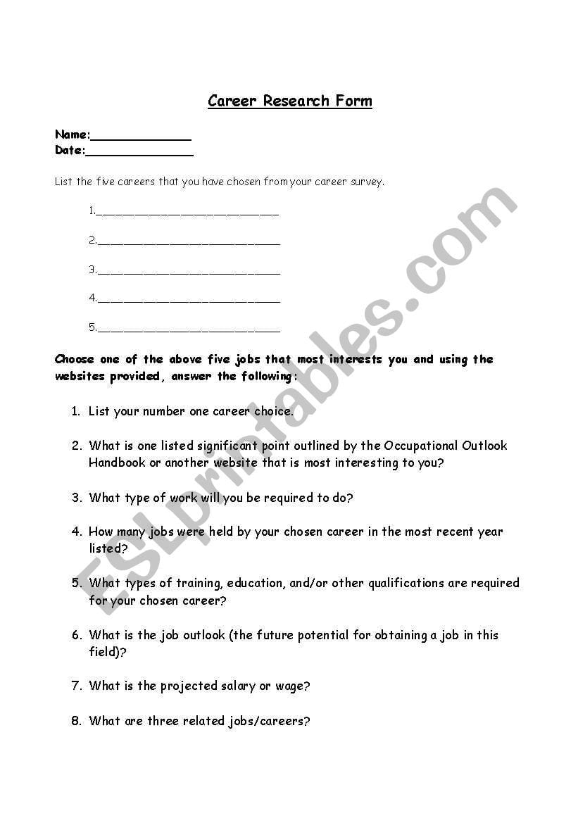 English Worksheets Career Research Form