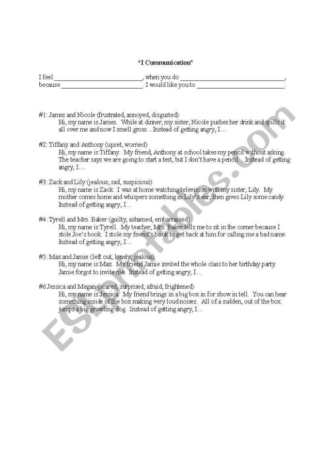 English Worksheets Communication Skills I Statements