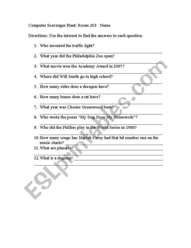 English Worksheets Computer Internet Scavenger Hunt