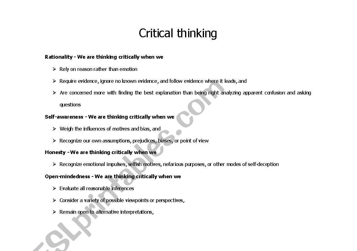 English Worksheets Critical Thinking