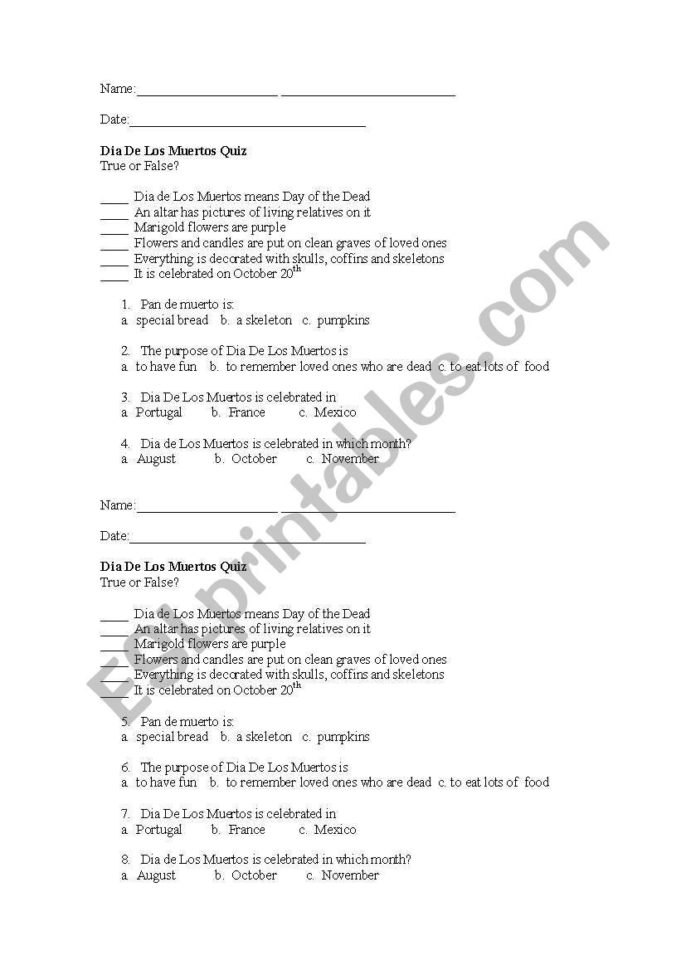English Worksheets Dia De Los Muertos Quiz