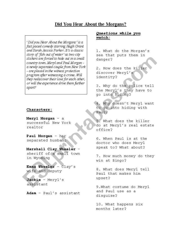 English Worksheets Did You Hear About The Morgans  Film