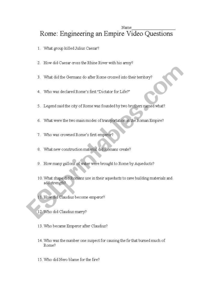 English Worksheets Engineering An Empire Rome Video Questions