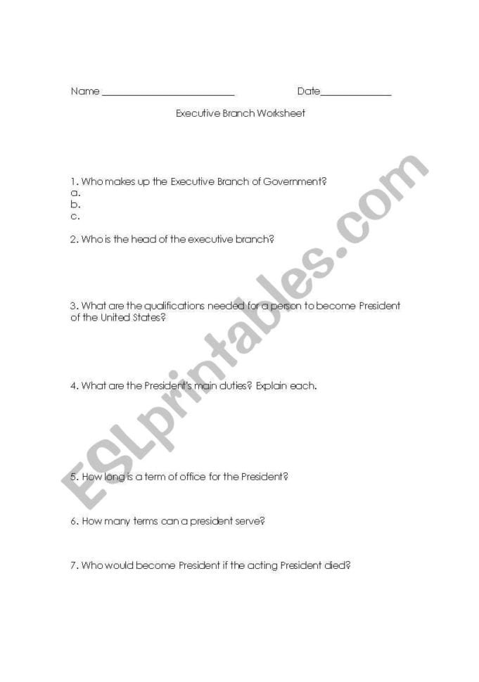 English Worksheets Executive Branch Worksheet
