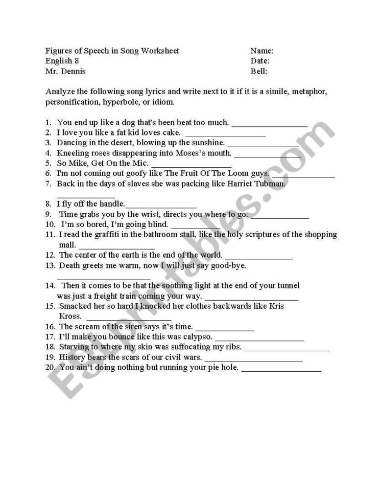 English Worksheets Figures Of Speech In Song